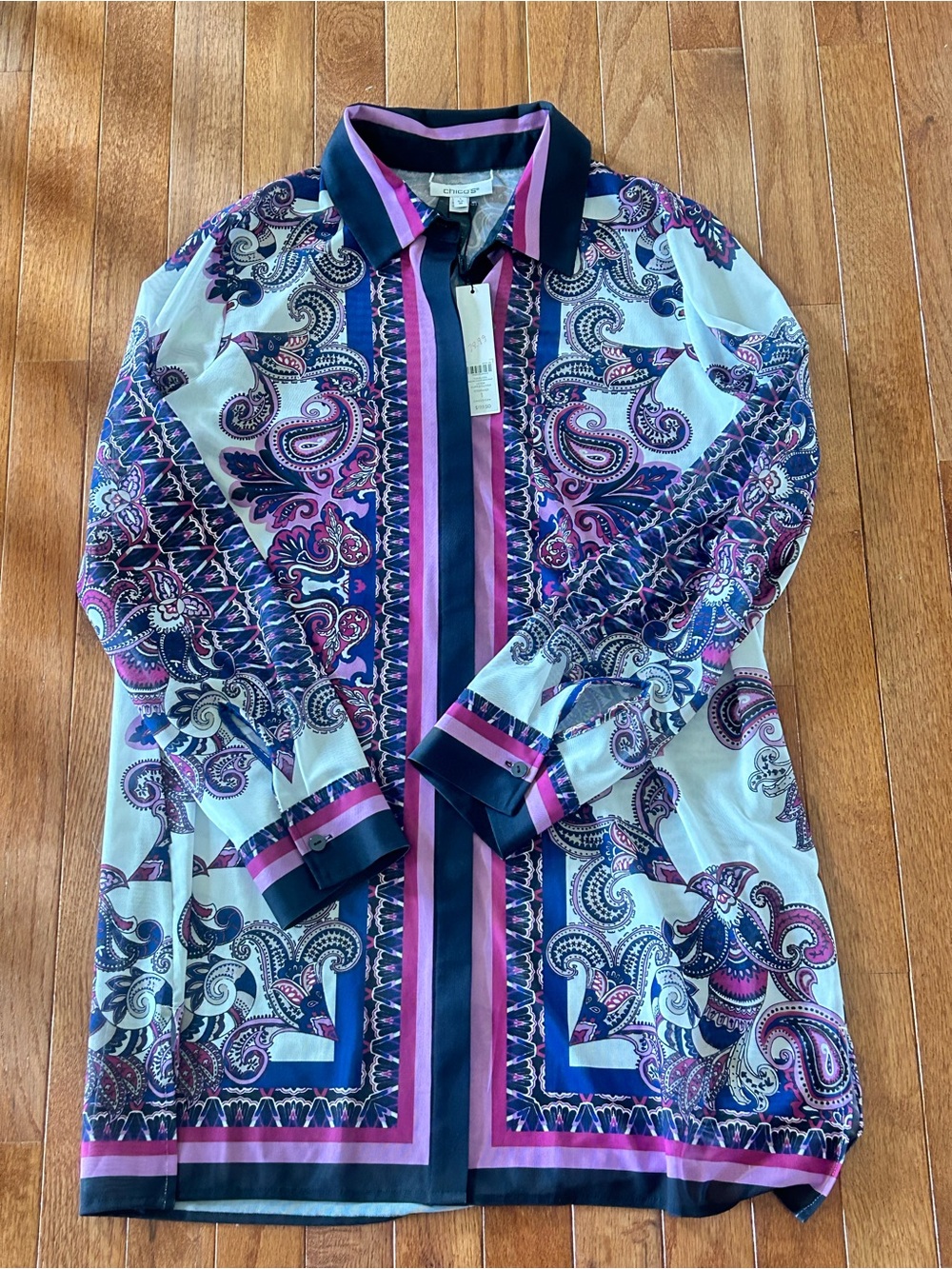 Chico’s Paisley Print Longline Button-Up Shirt - Pink & Navy